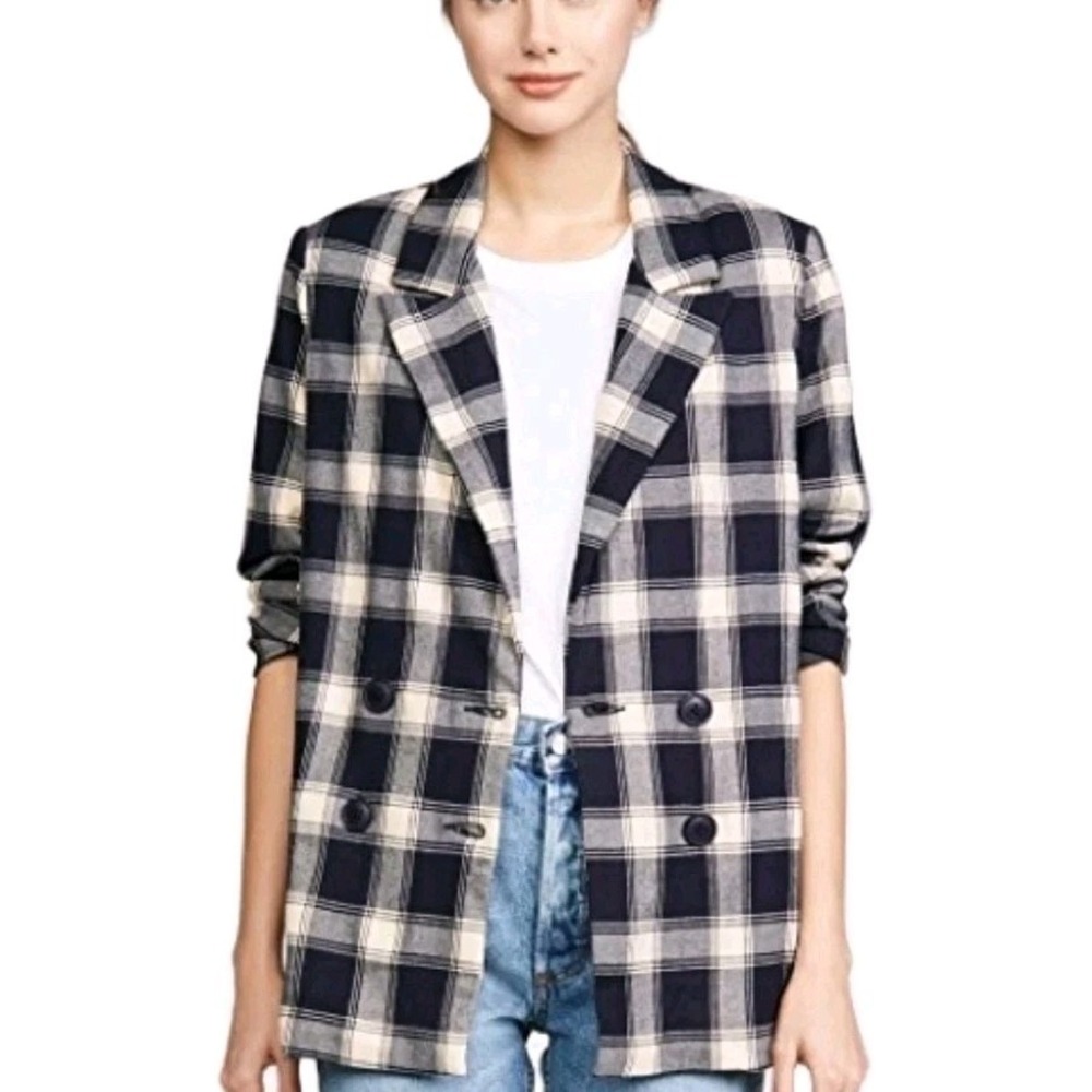 Rolla's Plaid Blazer Navy Double-Breasted Womens 8 Academia Preppy Slouch